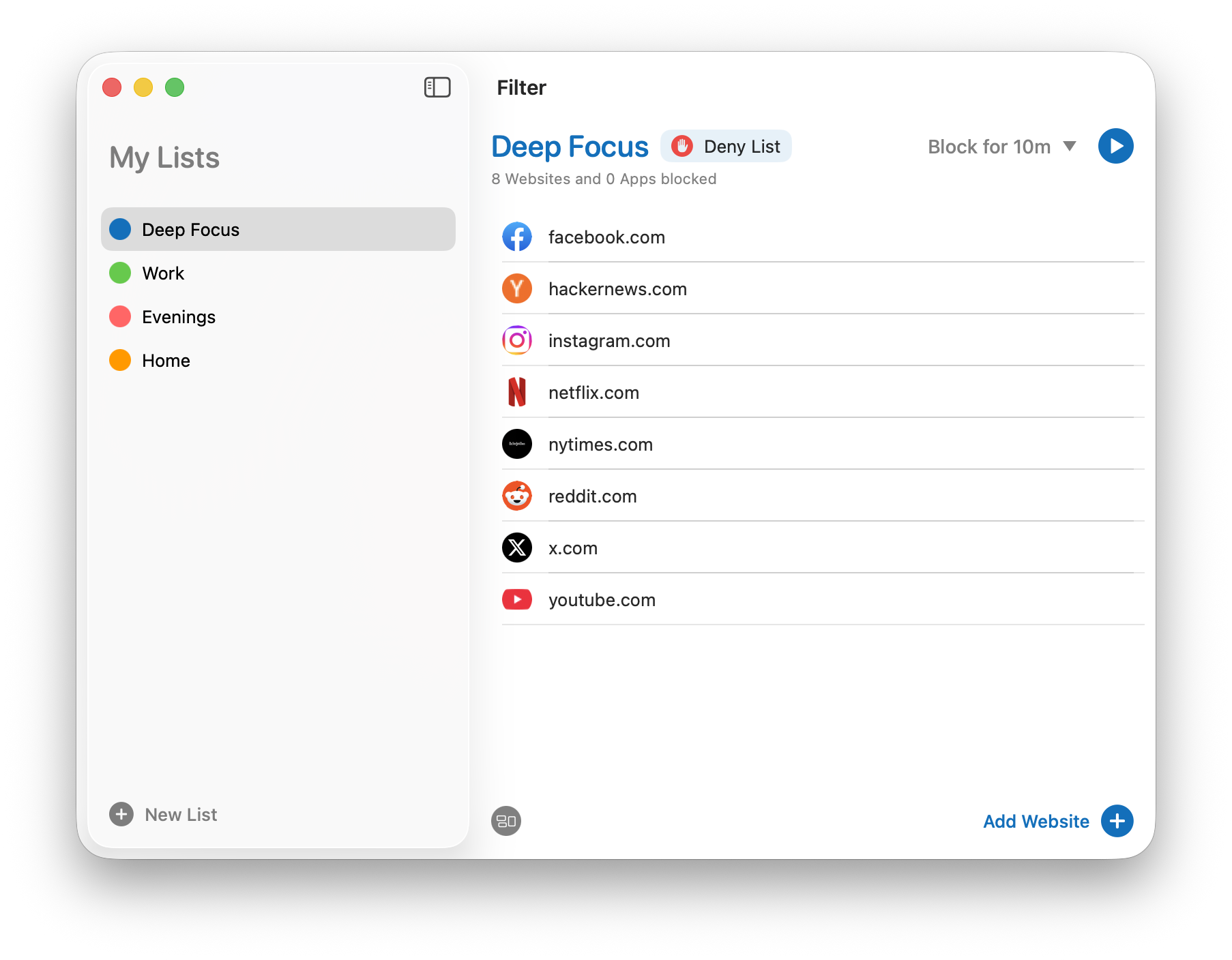 The Filter window on Mac, showing a My Lists sidebar with Deep Focus, Work, Evenings and Home lists, and a Deep Focus deny list of eight websites ready to block for ten minutes