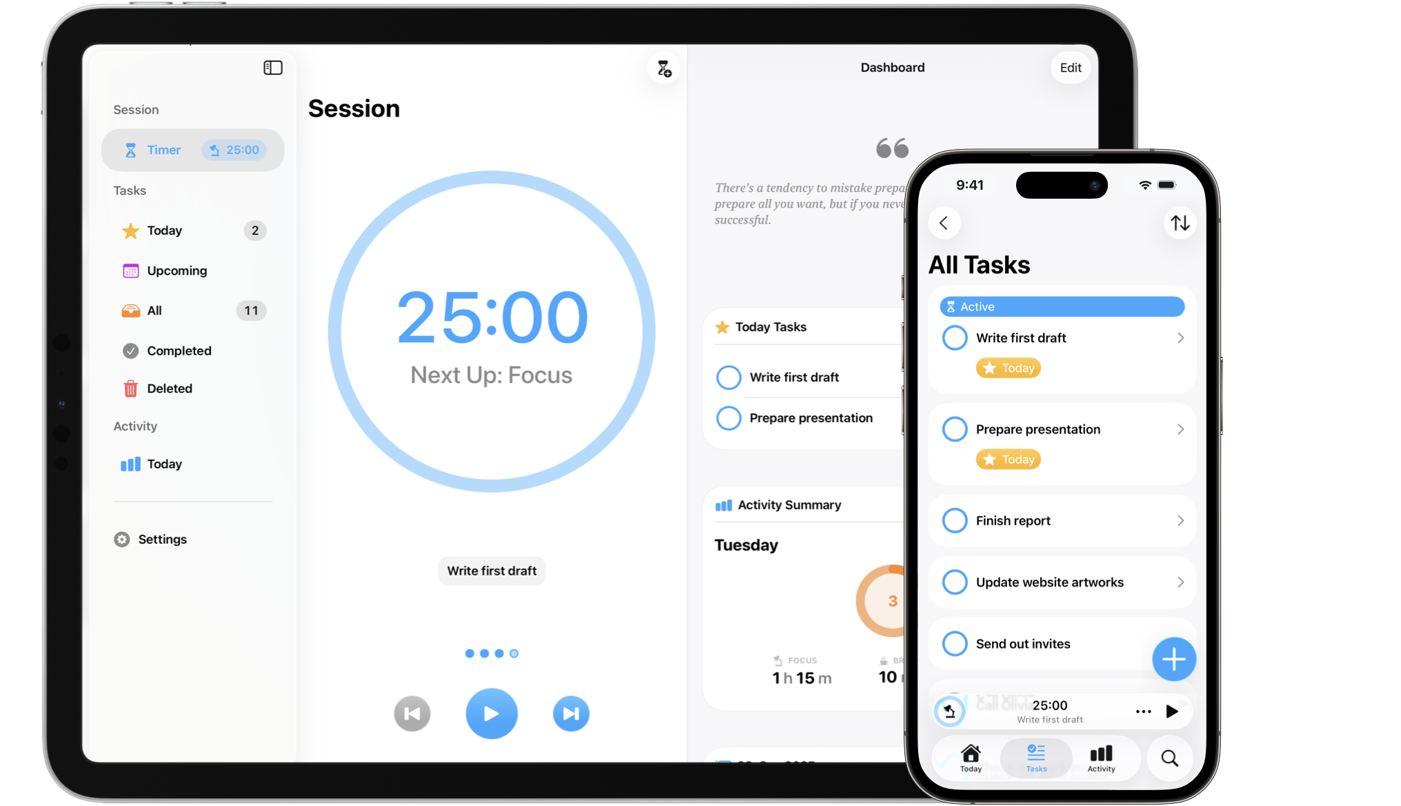 An iPad running a Focus session — a 25-minute timer beside today's tasks and an activity summary — with an iPhone in front showing the All Tasks list
