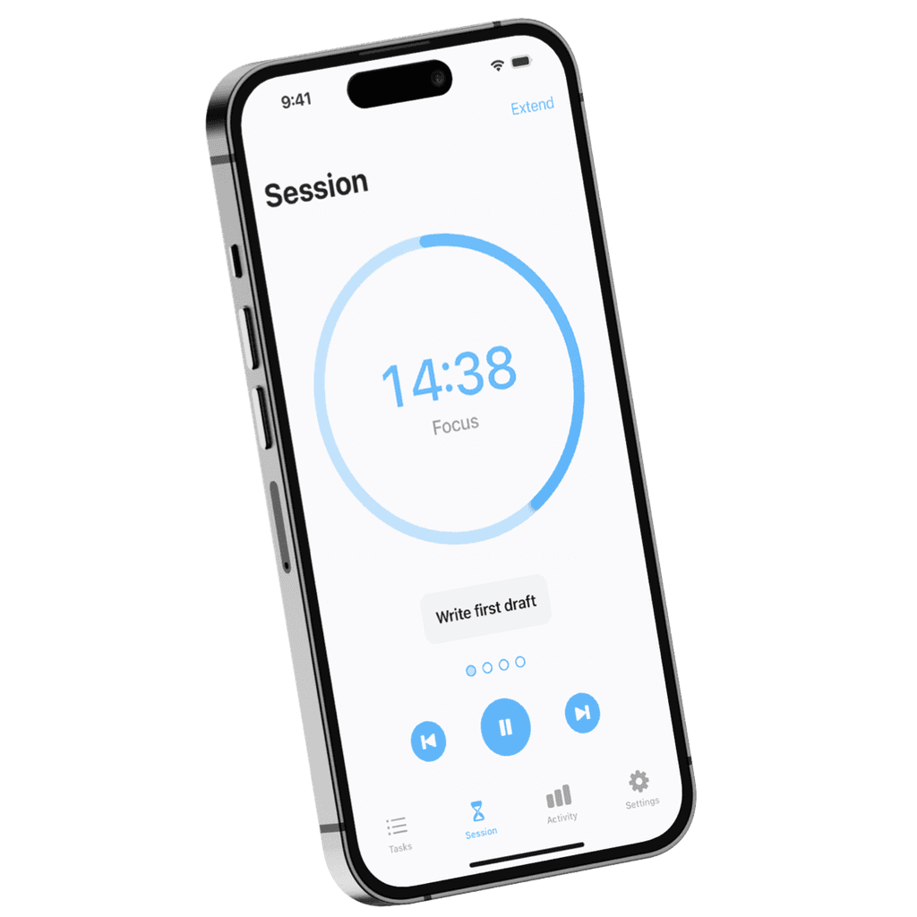 An iPhone showing a Focus session in progress — the ring timer counting down, with the task Write first draft beneath it