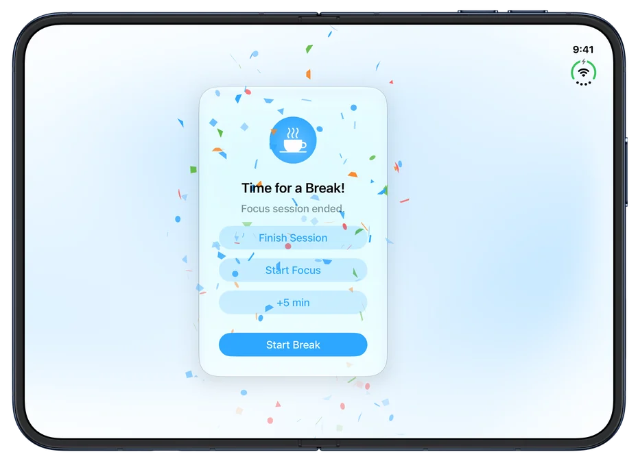 Focus on iPhone Duo, open and held wide: confetti around the card Time for a Break!, Focus session ended., with the buttons Finish Session, Start Focus, +5 min and Start Break