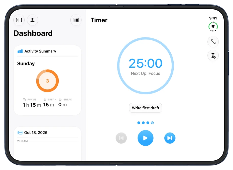 Focus on iPhone Duo, open and held wide: on the left the Dashboard with the Activity Summary for Sunday (a ring at 3; Focus 1 h 15 m, Break 15 m, Break 0 m) and a card for Oct 18, 2026; on the right the Timer at 25:00, Next Up: Focus, the task Write first draft, three of four dots filled and the controls below