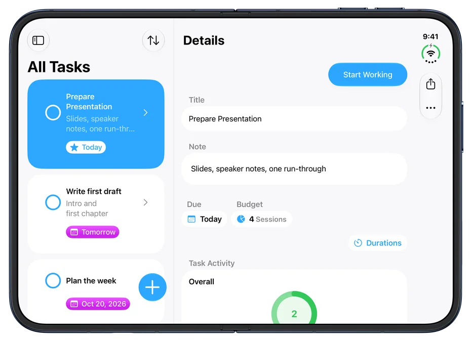 Focus on iPhone Duo, open and held wide: All Tasks on the left (Prepare Presentation due Today, Write first draft due Tomorrow, Plan the week due Oct 20, 2026) and the Details of Prepare Presentation on the right: Start Working, the note Slides, speaker notes, one run-through, Due Today, Budget 4 Sessions, Durations and Task Activity