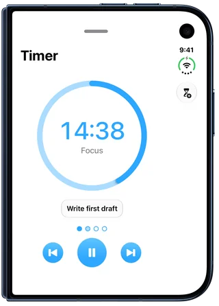 Focus on iPhone Duo, closed: the Timer at 14:38, Focus, the task Write first draft, four dots with the first filled, and the Reset, Pause and Finish buttons, with Extend in the bar at the side