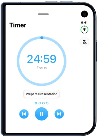 Focus on iPhone Duo, closed: the Timer just started at 24:59, Focus, the task Prepare Presentation, four dots and the Reset, Pause and Finish buttons, with Extend in the bar at the side