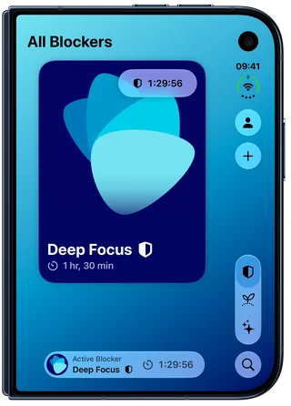 Moment on iPhone Duo, closed: the Deep Focus blocker card with its timer at 1:29:56, and Deep Focus in the Active Blocker accessory