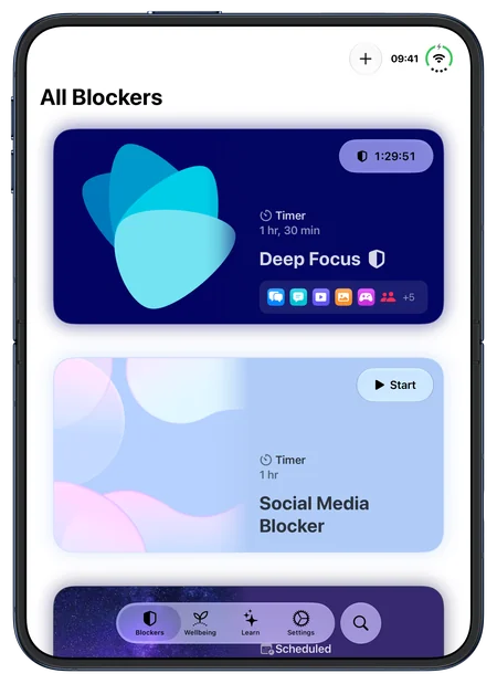 Moment on iPhone Duo, open and held tall: the blockers stacked in a list, Deep Focus on top with its timer running, each card glowing in its own colors