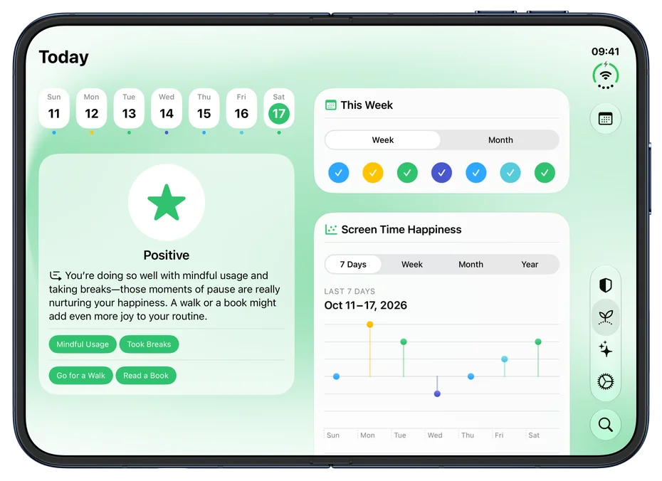 Moment on iPhone Duo, open: the Wellbeing tab with the week strip and today's Positive check-in, its insight and the reasons and offline alternatives picked for it, on the left, and This Week and the Screen Time Happiness chart on the right