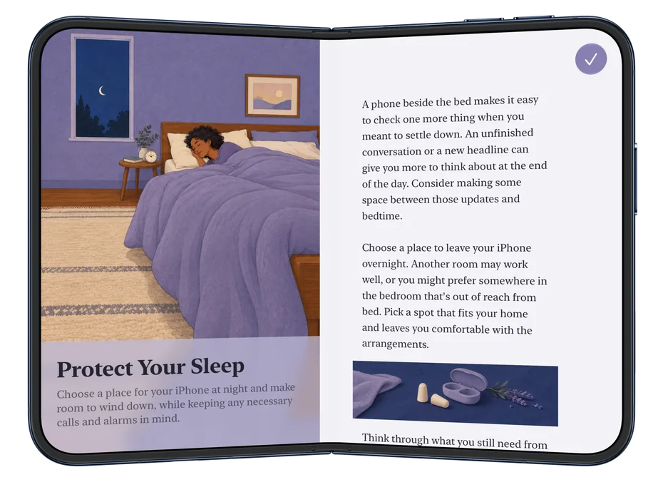 Moment on iPhone Duo, partially folded like a book: the tip Protect Your Sleep, its illustration on the left page and its text on the right