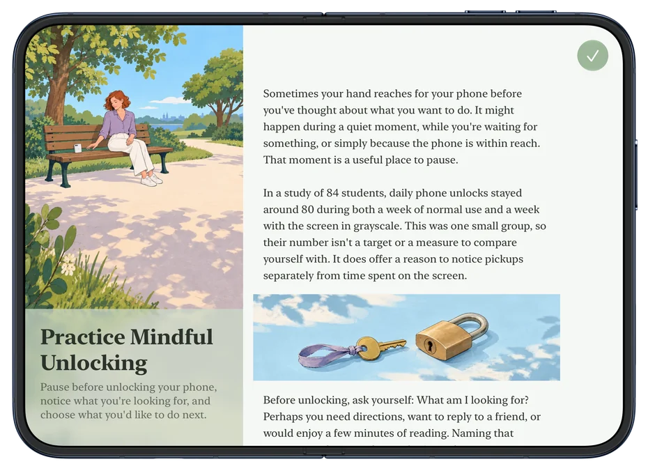Moment on iPhone Duo, open: the tip Practice Mindful Unlocking across two pages, its illustration on the left page and its text on the right, Done at the top right