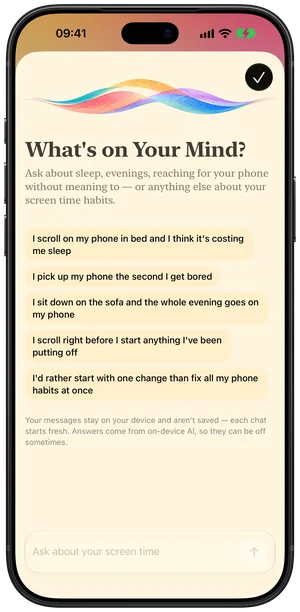 Ask Moment on iPhone before the first message: "What's on Your Mind?", five starting points to pick from, and the note that messages stay on the device