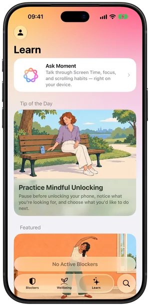 Moment's Learn tab on iPhone: Ask Moment at the top, the Tip of the Day, Practice Mindful Unlocking, below it, then the Featured tips