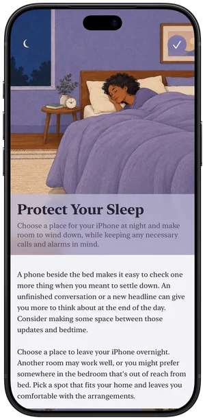The tip Protect Your Sleep on iPhone: its illustration across the top, the title and summary on a band in its colors, and the text below