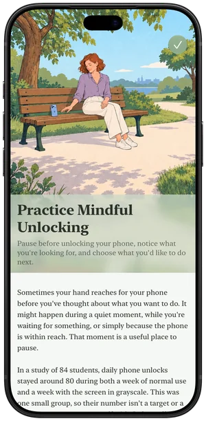 The tip Practice Mindful Unlocking on iPhone: its illustration across the top, the title and summary on a band in its colors, and the text below