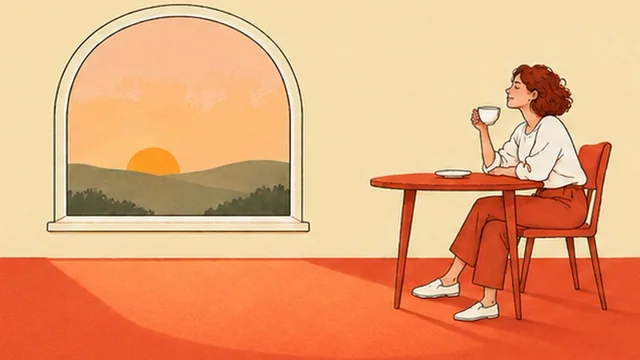 Illustration from the tip Create a Morning Routine: a woman sipping from a cup at a table, sunrise outside the window