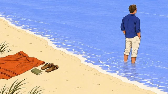Illustration from the tip Create Phone-Free Zones: a man standing in the sea, a towel, book and sandals on the sand