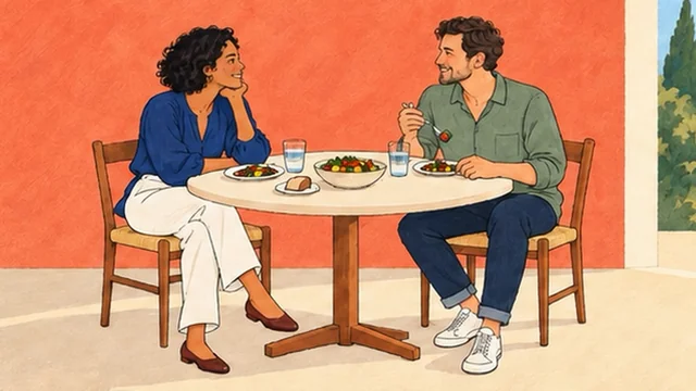 Illustration from the tip Enjoy Device-Free Meals: a woman and a man talking over a meal at a round table