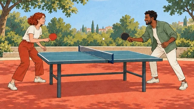 Illustration from the tip Reduce Screen Time With Friends: two friends playing table tennis outside, trees and houses behind them
