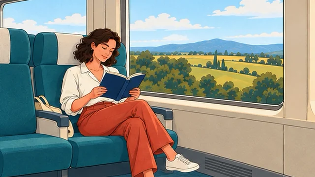 Illustration from the tip Replace Scrolling with Reading: a woman reading a book on a train, fields and hills outside