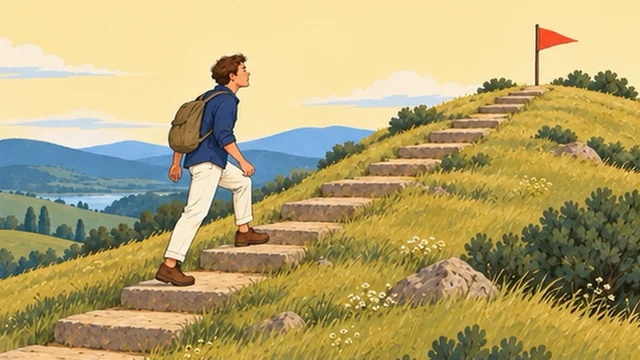 Illustration from the tip Set Screen Time Goals: a hiker climbing stone steps up a grassy hill toward a red flag