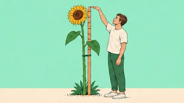Illustration from the tip Conduct Weekly Reviews: a man measuring a tall sunflower against a marked wooden stake